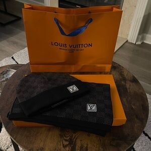 Louis Vuitton box set black checkered beanie and stylish scarf. NWT